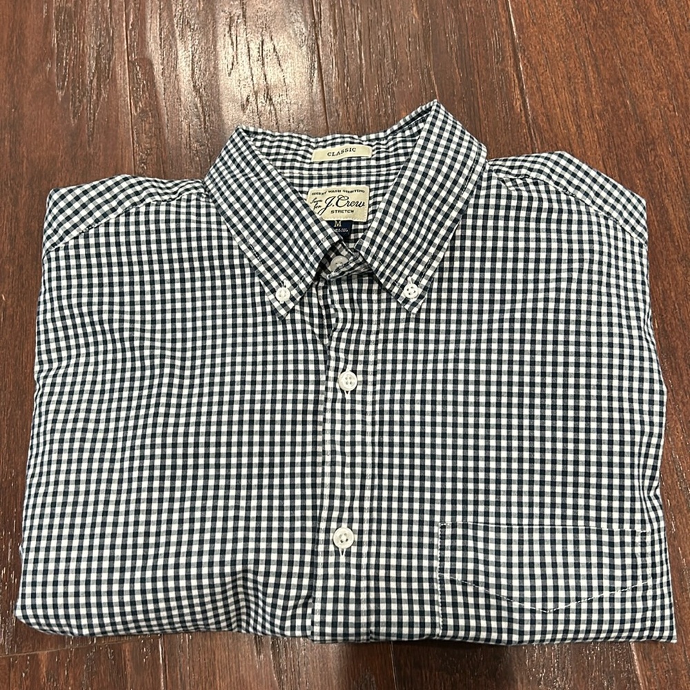 J. Crew navy gingham shirt. Medium. Classic fit. Gently used.